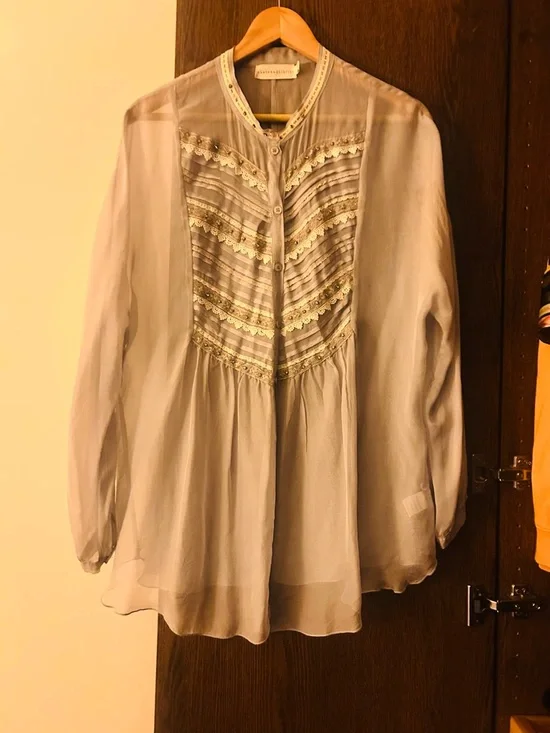 Light Blue Lace-Trim Button-Up Womens Blouse - Picture 4 of 11